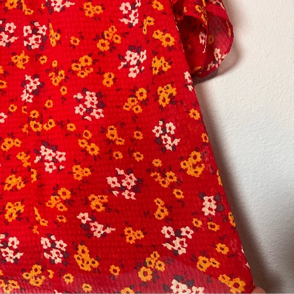 Free People Babydoll Mini Dress Red Floral Long Sleeve Lined Size 4